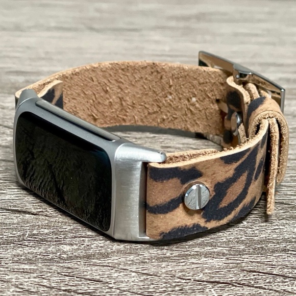 Leopard Print Leather Strap Fitbit Charge 5 Band Silver Jewelry Women Bracelet - Picture 2 of 9